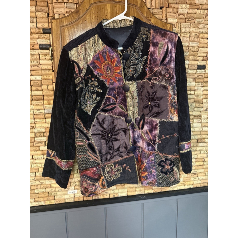 Vintage Patchwork Jacket Purple Floral Sun Sequins Embroidered Boho Lined Jacket